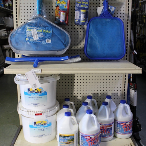 Pool supplies on the shelves of Rudys Farm Center.