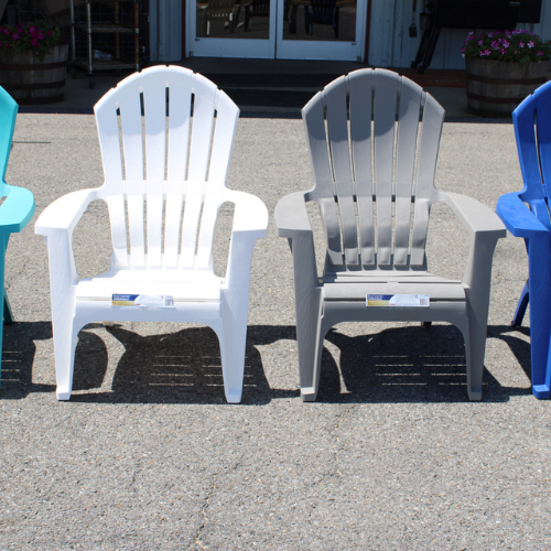 Plastic Adirondack chairs for sale outside of Rudy's Farm.