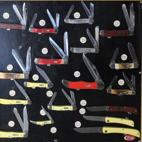 Case pocket knives on display.