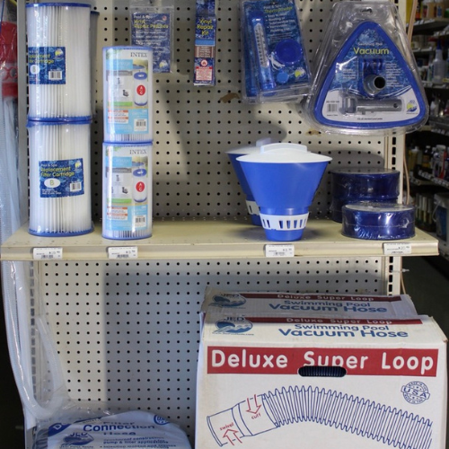 Pool supplies on the shelves of Rudys Farm Center.