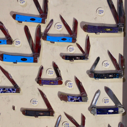 Case pocket knives on display.