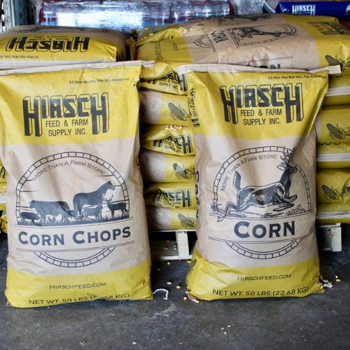 Farm corn and corn chops on display inside of Rudy's Farm.
