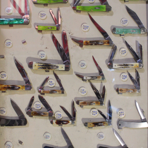 Case pocket knives on display.
