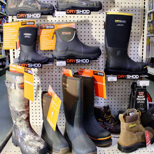Dryshod footwear on display inside of Rudy's Farm.