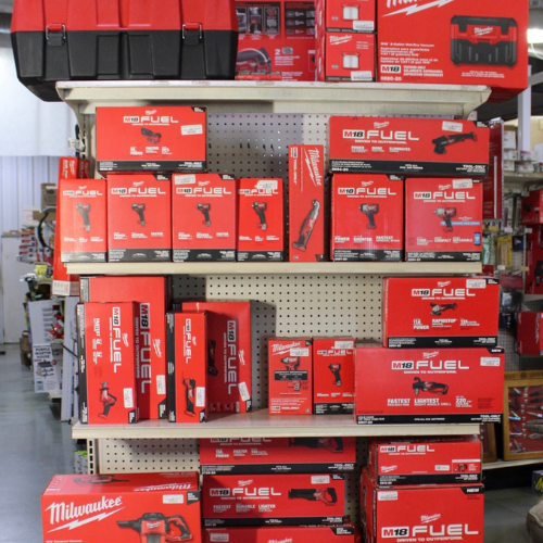 Milwaukee tools on display inside of Rudy's Farm.