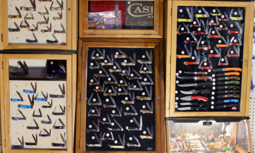 Case pocket knives on display.
