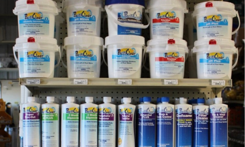 Pool supplies on the shelves of Rudys Farm Center.